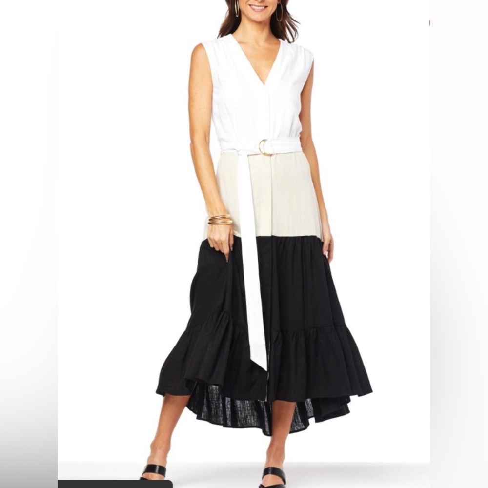H HALTON MAXI DRESS TIERED LINEN BLEND COLOR BLOCK SIZE M NWT